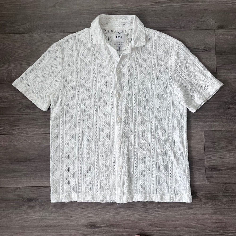 Denim & Flower Ricky Singh White Crochet Knit Short Sleeve Button Down Shirt S